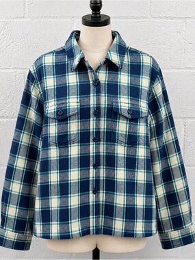 L.L.Bean L Sherpa Fleece Lined Plaid Shacket Navy Teal Cream